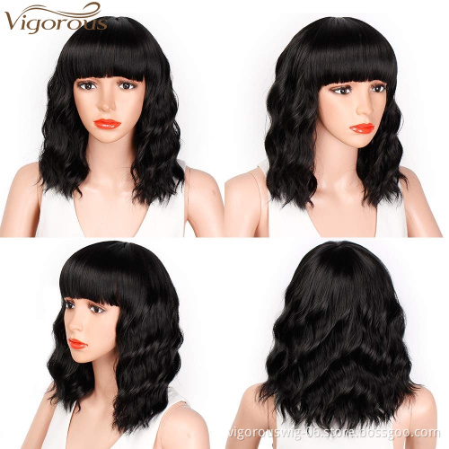 Vigorous Bob Wavy Curly Wig Synthetic Short Black Wig with Bangs Natural Looking Heat Resistant Fiber Hair for Women